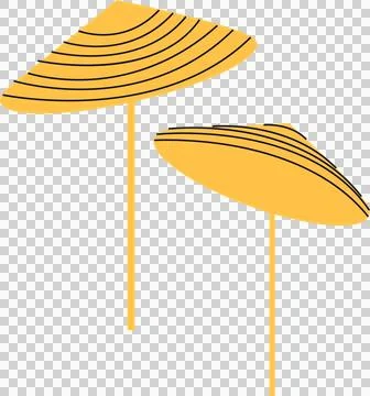 Flat design is showing two yellow parasols on thin stems with black stripes, Stock Illustration