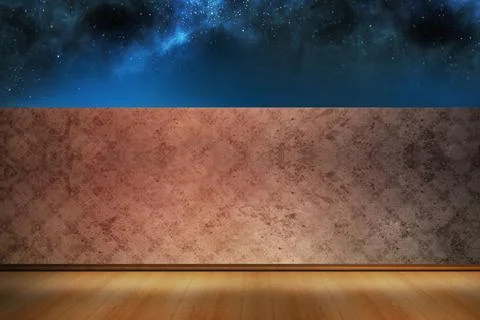 Flat design showing weathered plaster wall rising over wood floorboards, starry 스톡 일러스트
