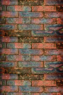 Flat design showing weathered red brick wall surface with moss, lichen on Stock Photos