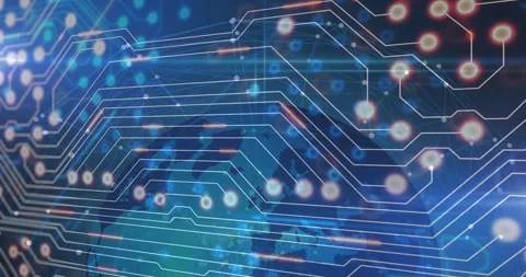 Flat design showing white circuitry lines flowing across blue world map, pulsing Stock Footage 309106098