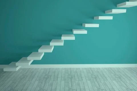 Flat design showing white floating stair treads slanting along teal wall above Stock Illustration