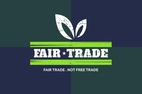 Flat design is showing white leaf icon, FAIR TRADE text, green stripes on Foto stock
