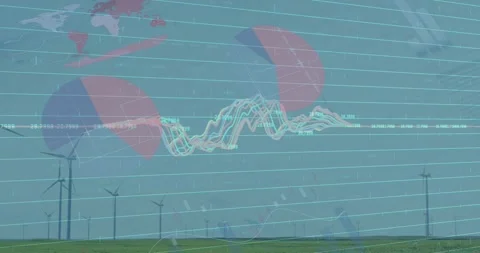 Flat design showing wind turbines generating power with colorful line graphs Video stock 327848105