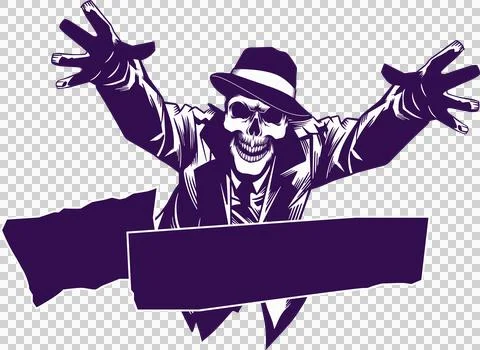 Flat design skeleton with purple fedora, suit is floating on clear bg above Ilustração Stock