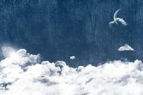 Flat design sky is showing lower cloud bank with radiant sun, lens flare, Stock Photos