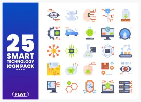 Flat design smart technology icons including AI. robotics. and data. Stock Illustration