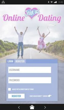 Flat design smartphone UI is showing couple jumping on rural road, with online Stock Photos