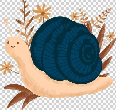 Flat design snail is sitting on brown branch with foliage and daisies, Stock Illustration