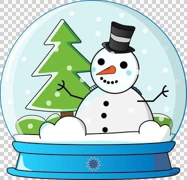 Flat design snow globe is showing snowman with pine tree, flakes, blue base, Stock Illustration