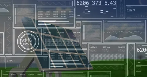 Flat design solar panel being visualized in grassy field, with digital overlays Stock Footage 307858808
