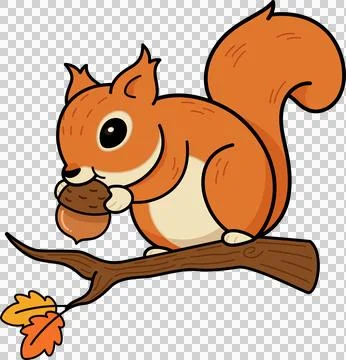 Flat design squirrel is holding acorn on branch with two fall leaves, Illustrazione stock