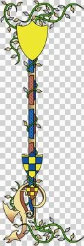 Flat design staff is being shown with checkered shields and green vines on Illustrazione stock