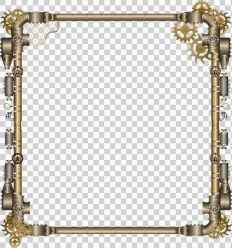Flat design steampunk frame is showing brass pipes, gauges, gears, mesh, Stock Illustration