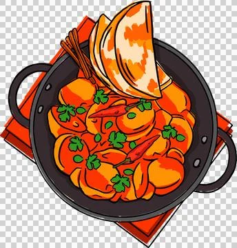 Flat design stew simmering in black pan on red cloth with flatbreads, chilies, Stockillustratie