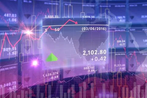 Flat-design stock dashboard is showing transparent panel with red line graph and Stockillustratie