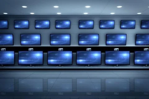 Flat design store is showing TVs with blue cosmic motif on shelves and Stock Illustration