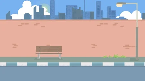 Flat design street lamp and park bench with city backdrop Stock Footage 340471573