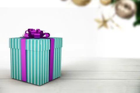 Flat design striped gift box is resting on pale wood surface, blurred ornaments Stock Illustration