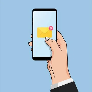 Flat Design style hand holding the smartphone with e-mail application on scre Stock Illustration