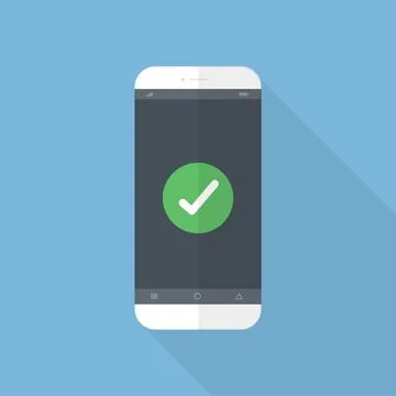 Flat design style human hand  holding smartphone or tablet with green check m Stock Illustration