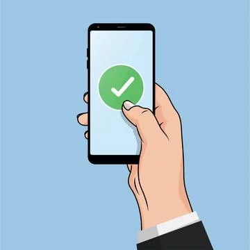 Flat design style human hand  holding smartphone or tablet with green check m Stock Illustration