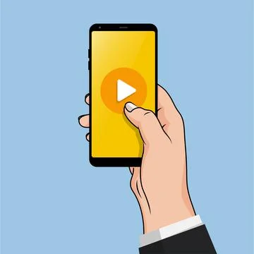 Flat Design style Human hand holding Smartphone with online media app on scre Stock Illustration