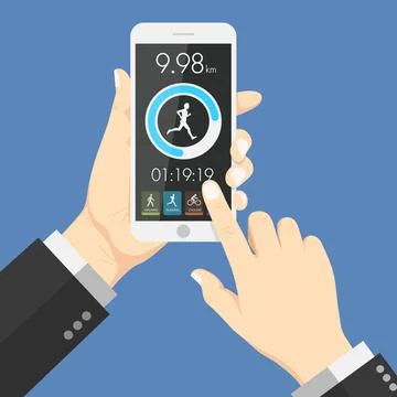 Flat design style human hand  holding smartphone tablet  with health app in t Stock Illustration