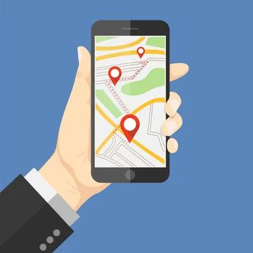 Flat design style human hand  holding smartphone or tablet with map app on th Stock Illustration