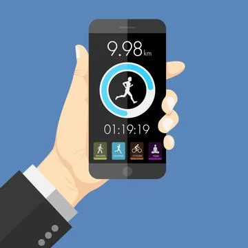 Flat design style human hand  holding smartphone tablet  with health app in t Stock Illustration