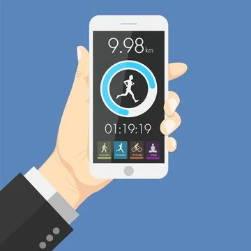 Flat design style human hand  holding smartphone tablet  with health app in t Stock Illustration