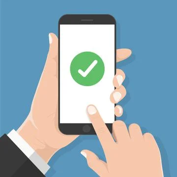 Flat design style human hand  holding smartphone or tablet with green check m Stock Illustration