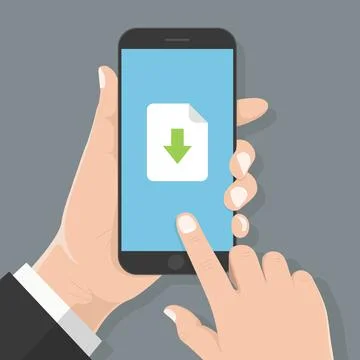 Flat design style human hand  holding smartphone with Document download Symbo Stock Illustration