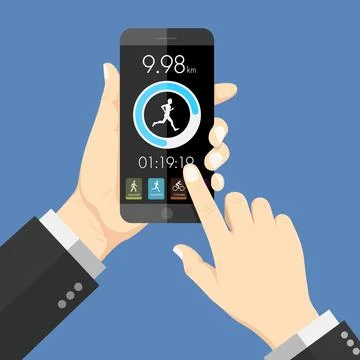 Flat design style human hand  holding smartphone tablet  with health app in t Stock Illustration