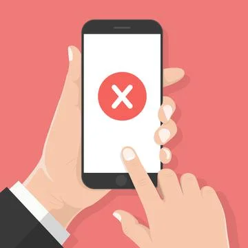 Flat design style human hand  holding smartphone or tablet with Red cross mar Stock Illustration