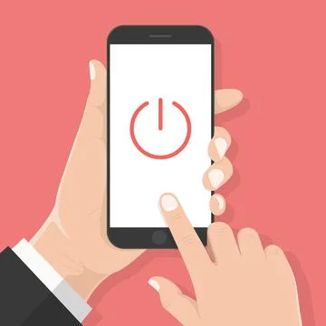 Flat design style human hand  holding smartphone or tablet with Power Symbol  Stock Illustration