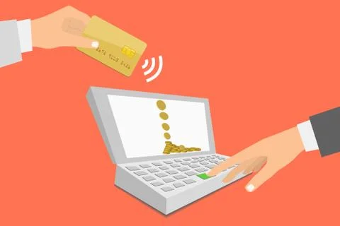 Flat design style illustration. Notebook with processing of mobile payments f Stock Illustration