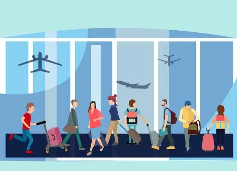 Flat Design Style Interior of Terminal Hall with Passenger. Stock Illustration