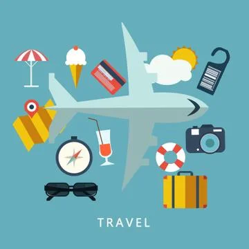 Flat design style modern vector illustration icons set of traveling on airpla Stock Illustration
