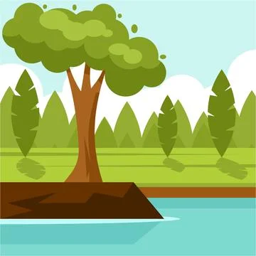 Flat design style vector illustration of a landscape with trees and lake Illustrazione stock