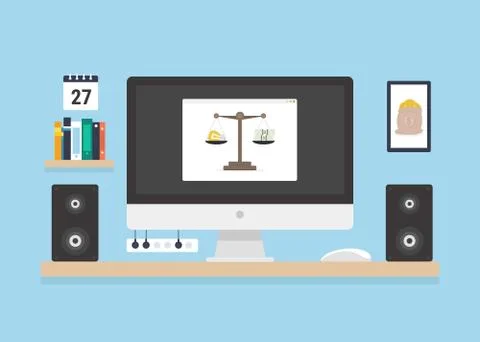 Flat design stylish vector illustration of designer desk with device Stock Illustration
