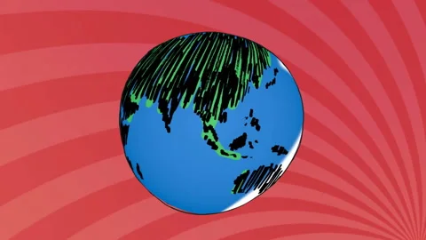 Flat design stylized globe rotating against vibrant red background, showing 스톡 동영상 307462980