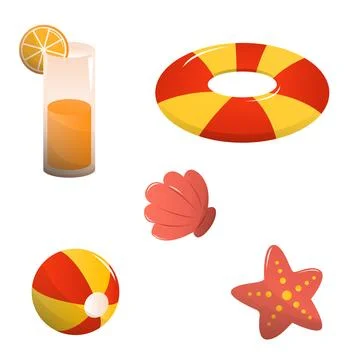 Flat Design Summer Elements on White Background, Vibrant and Playful Illustrazione stock