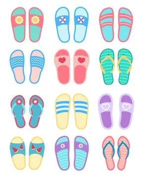 Flat design of summer flip-flops. A set of summer slippers. Vector illustration Illustrazione stock