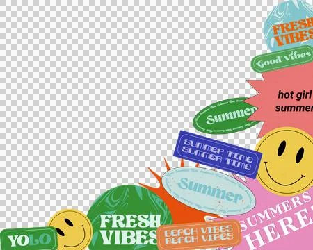 Flat design summer sticker collage is showing colorful slogans on transparent Stock Illustration