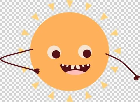 Flat design sun is floating on transparent background with golden rays, smiling Illustrazione stock