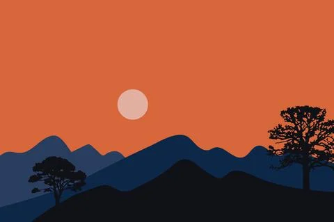 Flat Design Sunset Landscape with Mountains Silhouette and Trees. Vector Il.. Stock Illustration