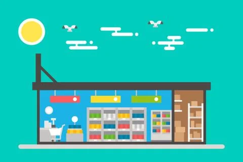 Flat design of super market interior Stock Illustration