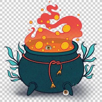 Flat design teal cauldron is bubbling with rope and eyeballs on transparent 스톡 일러스트