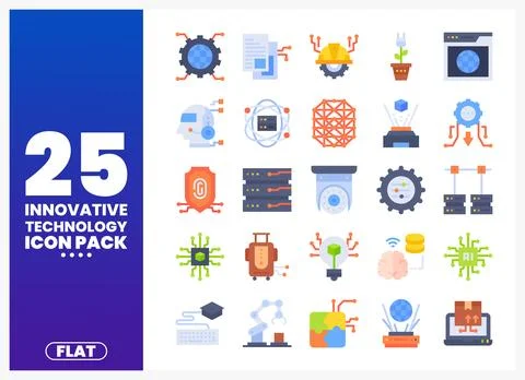 Flat design technology icons featuring AI and innovation on a white backgroun Stock Illustration
