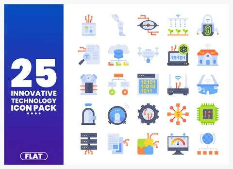 Flat design technology icons pack featuring digital elements Stock Illustration